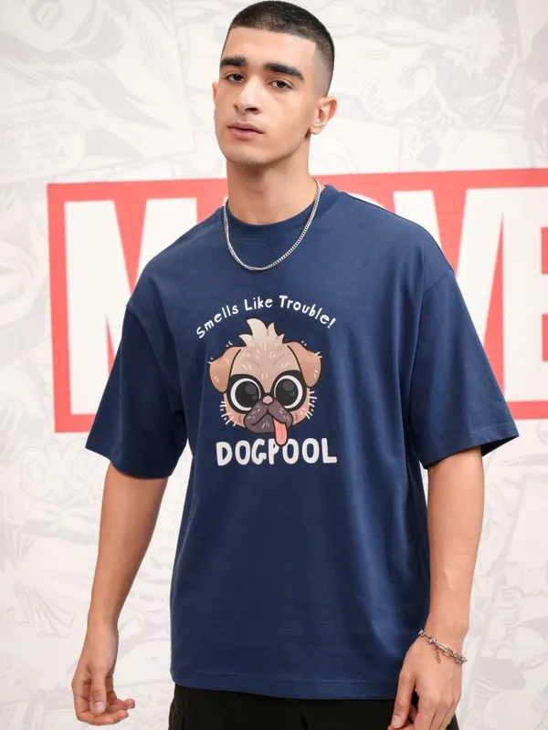 Marvel By Highlander Men Navy Blue Dogpool Printed Round Neck Oversized Fit T-Shirt