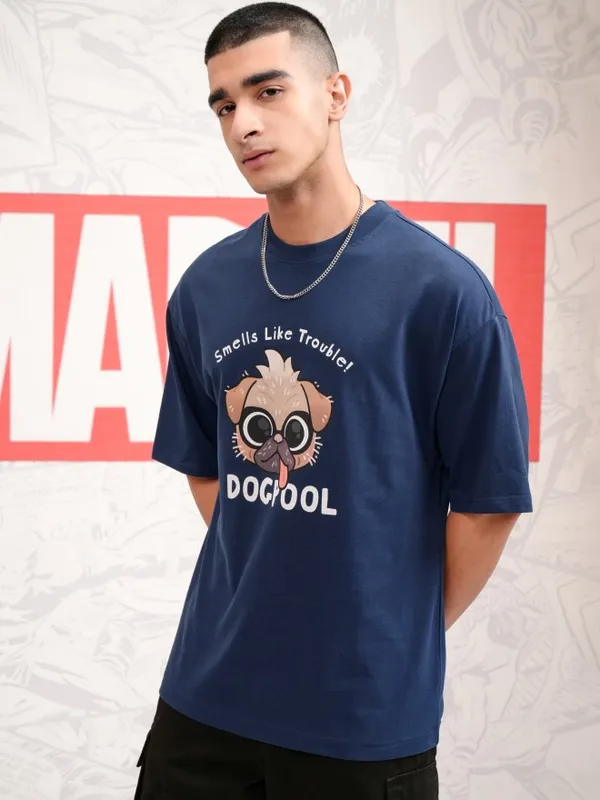 Marvel By Highlander Men Navy Blue Dogpool Printed Round Neck Oversized Fit T-Shirt