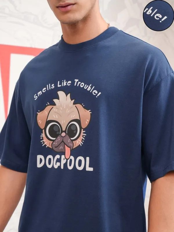 Marvel By Highlander Men Navy Blue Dogpool Printed Round Neck Oversized Fit T-Shirt