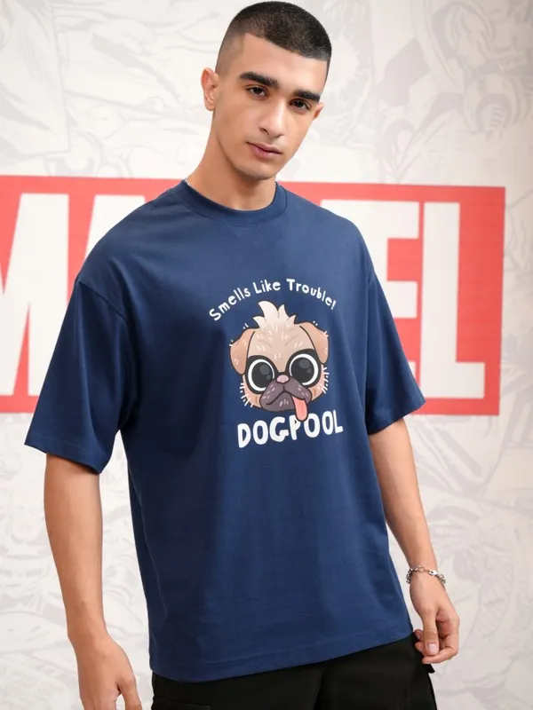 Marvel By Highlander Men Navy Blue Dogpool Printed Round Neck Oversized Fit T-Shirt