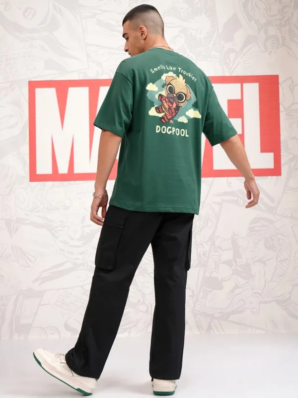 Marvel By Highlander Men Green Dogpool Printed Round Neck Oversized Fit T-Shirt