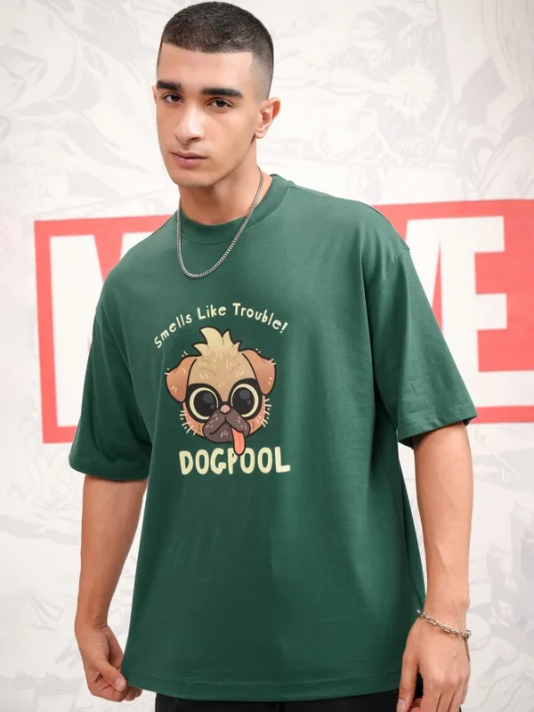 Marvel By Highlander Men Green Dogpool Printed Round Neck Oversized Fit T-Shirt