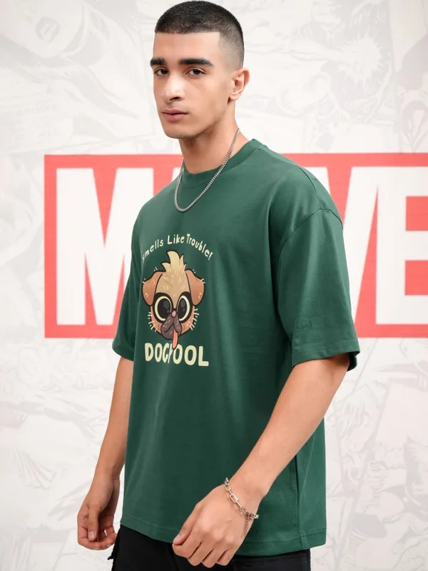 Marvel By Highlander Men Green Dogpool Printed Round Neck Oversized Fit T-Shirt
