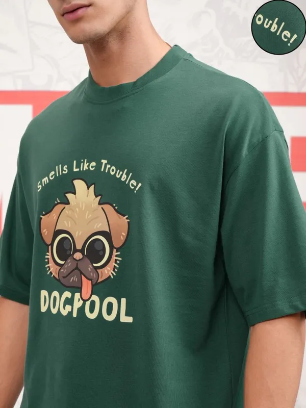 Marvel By Highlander Men Green Dogpool Printed Round Neck Oversized Fit T-Shirt