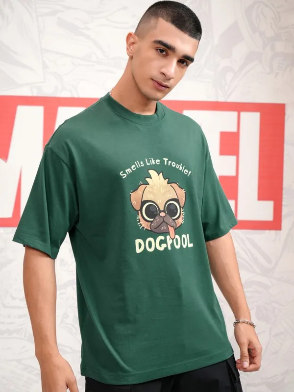 Marvel By Highlander Men Green Dogpool Printed Round Neck Oversized Fit T-Shirt