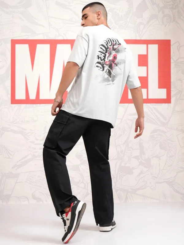 Marvel By Highlander Men Grey Deadpool Printed Round Neck Oversized Fit T-Shirt