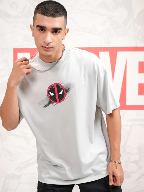 Marvel By Highlander Men Grey Deadpool Printed Round Neck Oversized Fit T-Shirt