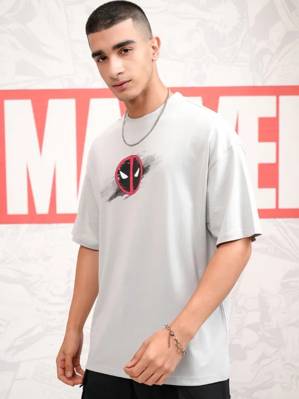 Marvel By Highlander Men Grey Deadpool Printed Round Neck Oversized Fit T-Shirt