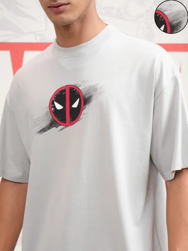 Marvel By Highlander Men Grey Deadpool Printed Round Neck Oversized Fit T-Shirt