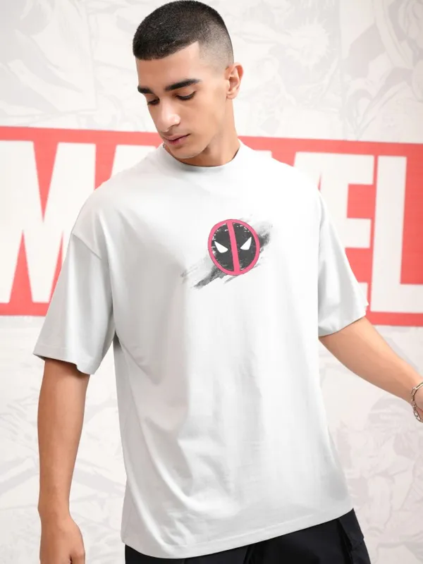 Marvel By Highlander Men Grey Deadpool Printed Round Neck Oversized Fit T-Shirt