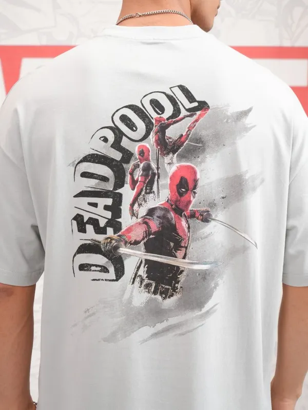 Marvel By Highlander Men Grey Deadpool Printed Round Neck Oversized Fit T-Shirt