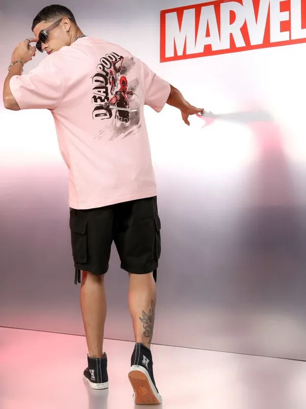 Marvel By Highlander Men Pink Deadpool Printed Round Neck Oversized Fit T-Shirt