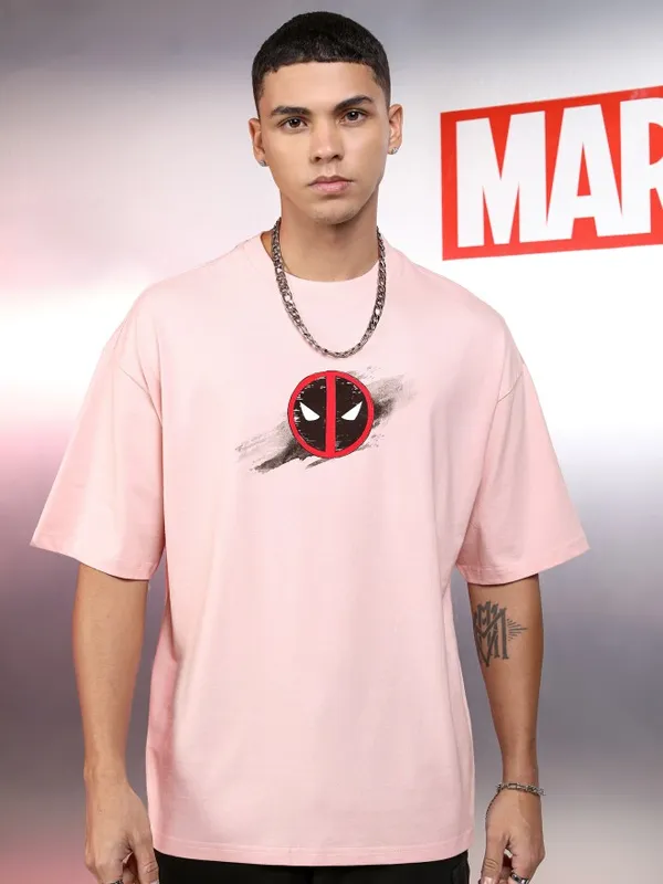 Marvel By Highlander Men Pink Deadpool Printed Round Neck Oversized Fit T-Shirt