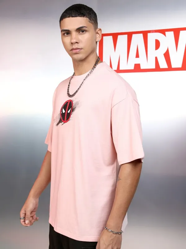 Marvel By Highlander Men Pink Deadpool Printed Round Neck Oversized Fit T-Shirt