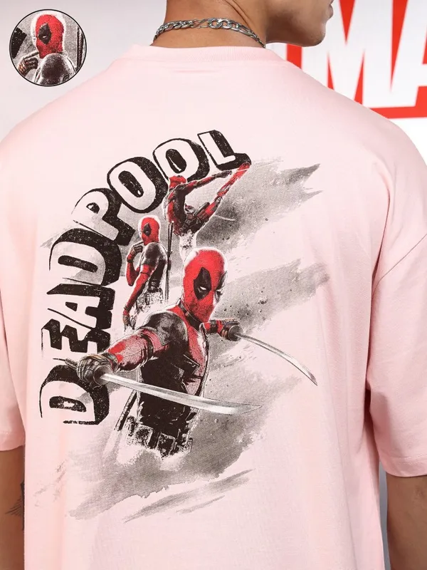 Marvel By Highlander Men Pink Deadpool Printed Round Neck Oversized Fit T-Shirt