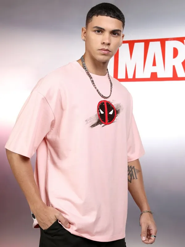 Marvel By Highlander Men Pink Deadpool Printed Round Neck Oversized Fit T-Shirt