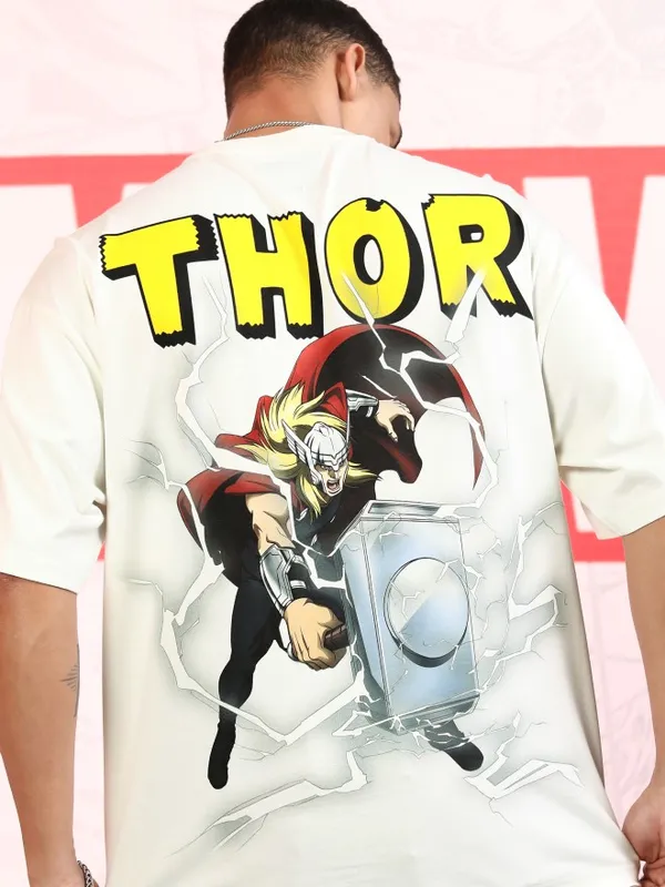 Marvel By Highlander Men Off White Thor Printed Round Neck Oversized Fit T-Shirt