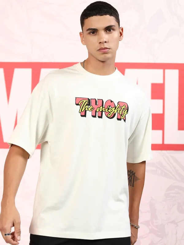 Marvel By Highlander Men Off White Thor Printed Round Neck Oversized Fit T-Shirt