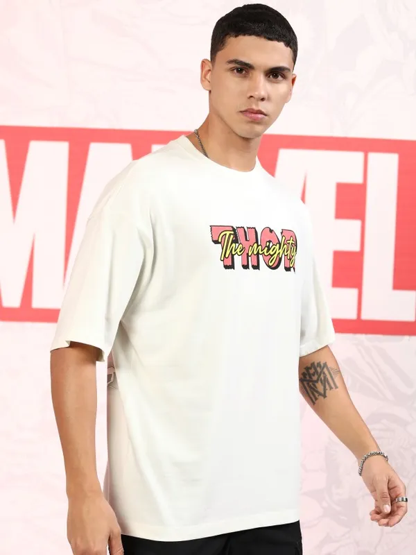 Marvel By Highlander Men Off White Thor Printed Round Neck Oversized Fit T-Shirt