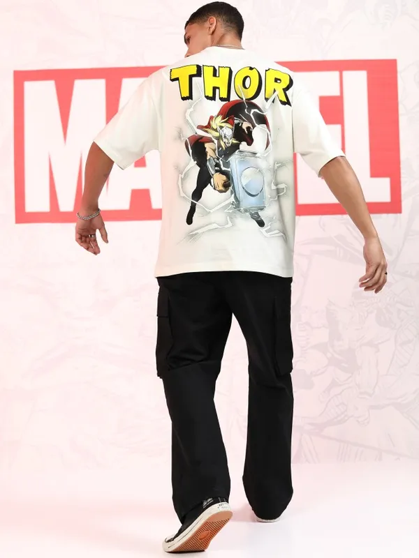 Marvel By Highlander Men Off White Thor Printed Oversized Fit T-Shirt