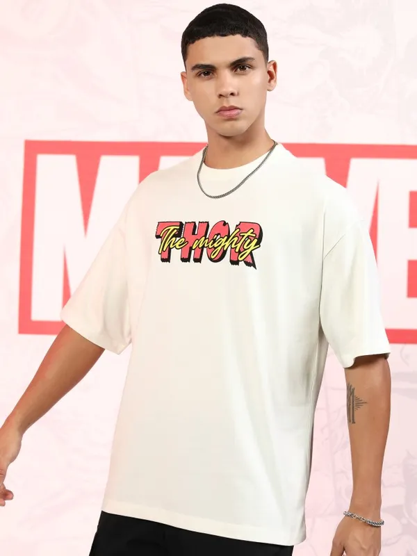 Marvel By Highlander Men Off White Thor Printed Oversized Fit T-Shirt