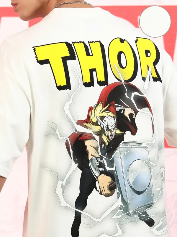 Marvel By Highlander Men Off White Thor Printed Oversized Fit T-Shirt