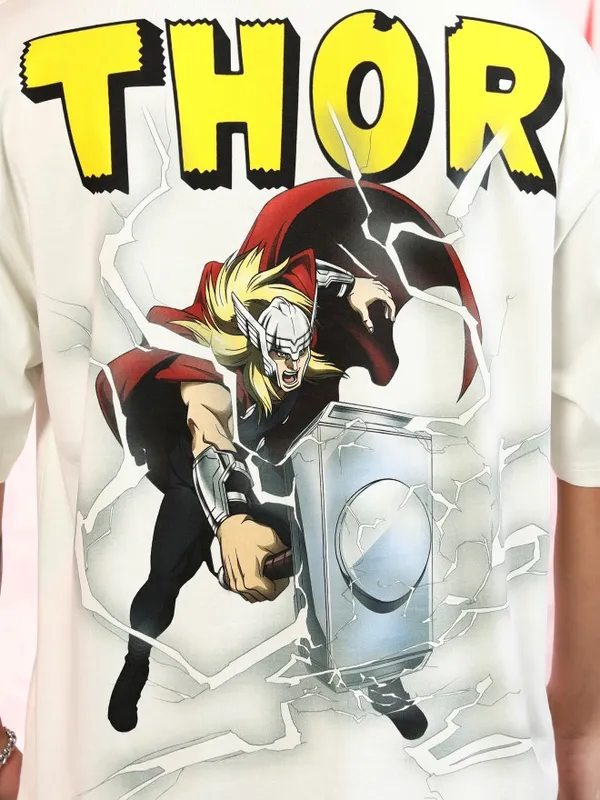 Marvel By Highlander Men Off White Thor Printed Oversized Fit T-Shirt