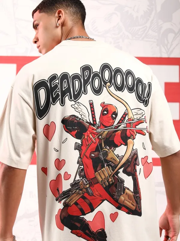 Marvel By Highlander Men Cream Deadpool Printed Round Neck Oversized Fit T-Shirt