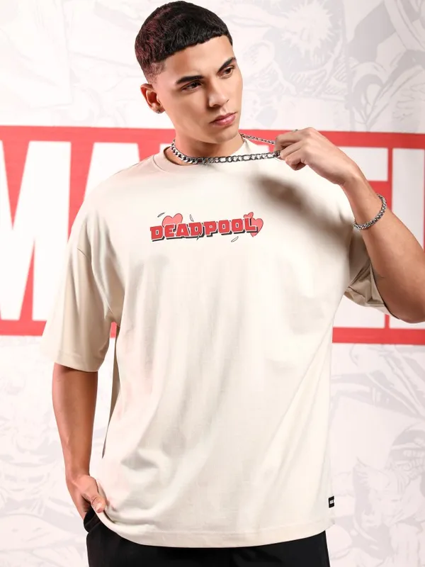 Marvel By Highlander Men Cream Deadpool Printed Round Neck Oversized Fit T-Shirt