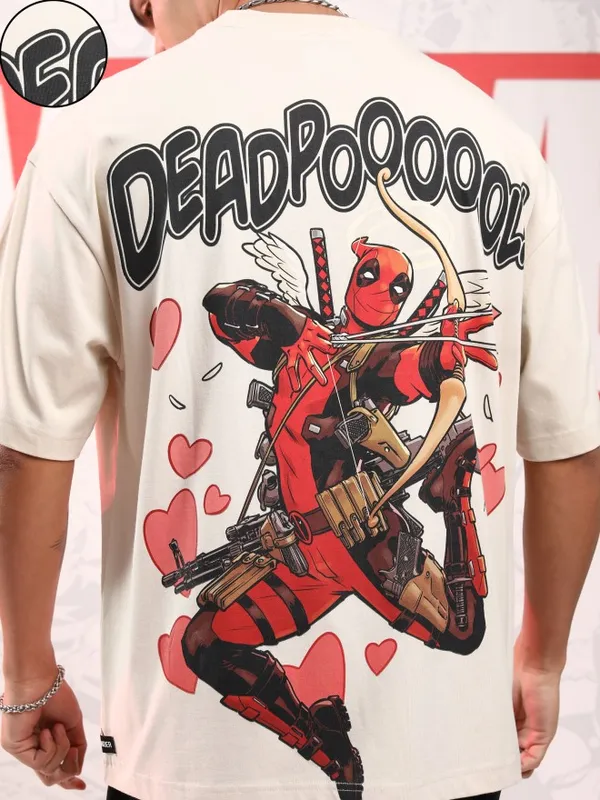 Marvel By Highlander Men Cream Deadpool Printed Round Neck Oversized Fit T-Shirt