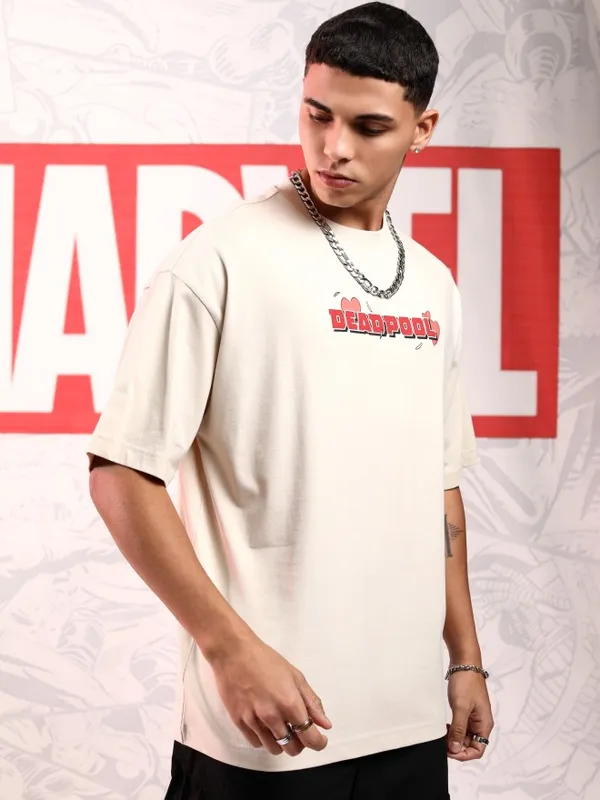 Marvel By Highlander Men Cream Deadpool Printed Round Neck Oversized Fit T-Shirt