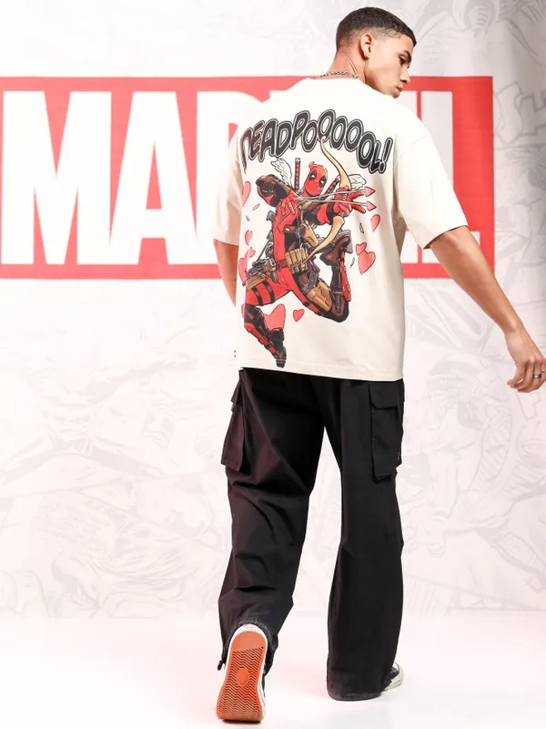 Marvel By Highlander Men Cream Deadpool Printed Round Neck Oversized Fit T-Shirt