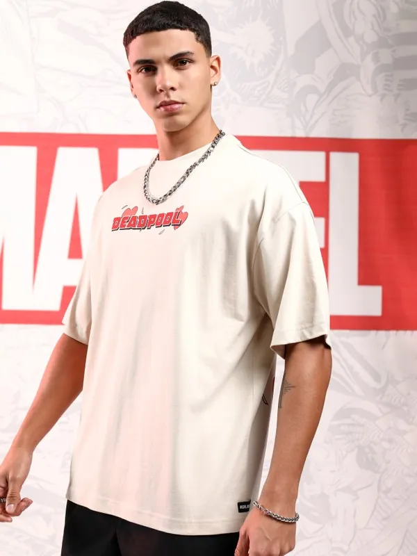 Marvel By Highlander Men Cream Deadpool Printed Round Neck Oversized Fit T-Shirt