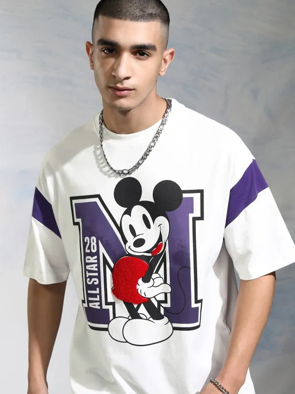 Disney By Highlander Men White Mickey Mouse Printed Round Neck Oversized Fit T-Shirt