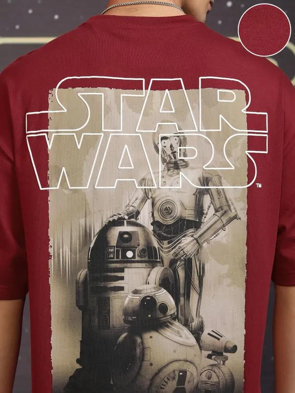 Star Wars By Highlander Men Maroon R2-D2 And C-3PO Printed Round Neck Oversized Fit T-Shirt