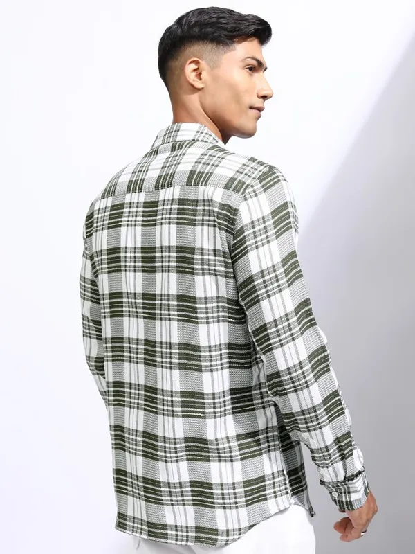 Locomotive Men Olive Checked Regular Fit Casual Shirt