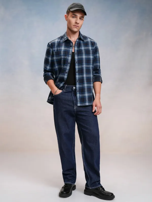 Locomotive Men Navy Blue Checked Oversized Fit Casual Shirt