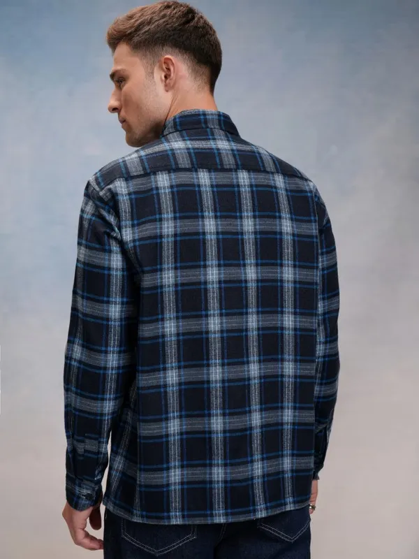 Locomotive Men Navy Blue Checked Oversized Fit Casual Shirt