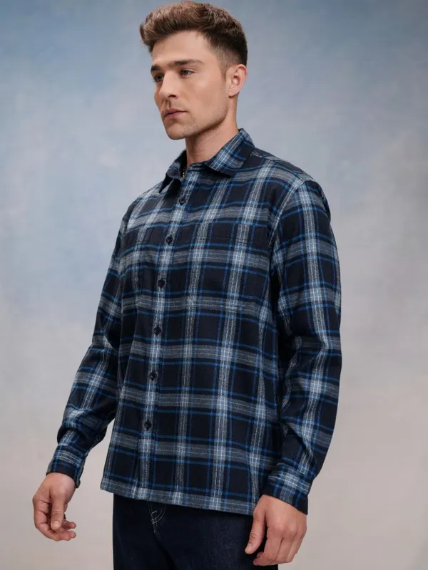 Locomotive Men Navy Blue Checked Oversized Fit Casual Shirt