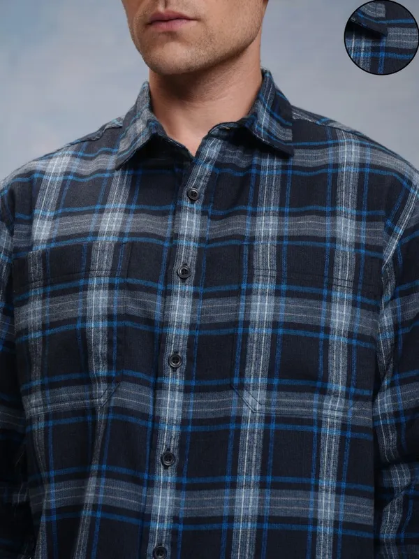 Locomotive Men Navy Blue Checked Oversized Fit Casual Shirt