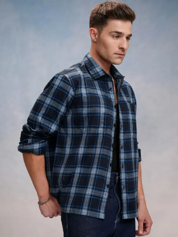 Locomotive Men Navy Blue Checked Oversized Fit Casual Shirt