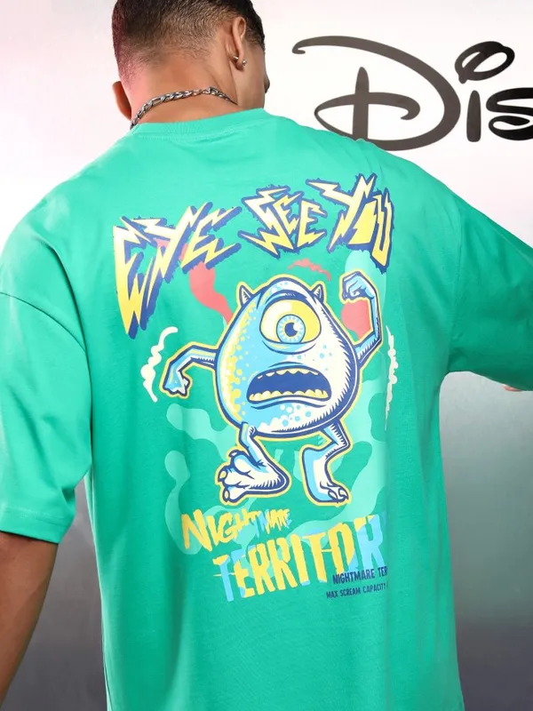 Disney By Highlander Men Green Monster Inc. Printed Round Neck Oversized Fit T-Shirt