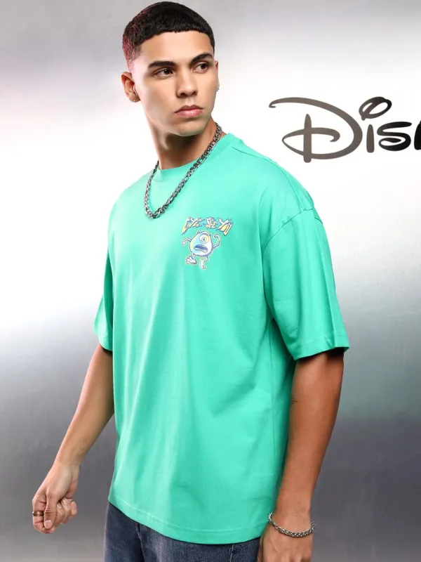 Disney By Highlander Men Green Monster Inc. Printed Round Neck Oversized Fit T-Shirt