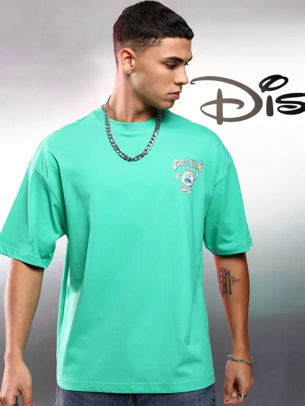 Disney By Highlander Men Green Monster Inc. Printed Round Neck Oversized Fit T-Shirt