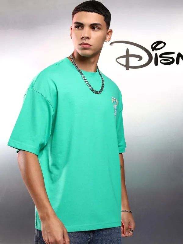 Disney By Highlander Men Green Monster Inc. Printed Round Neck Oversized Fit T-Shirt