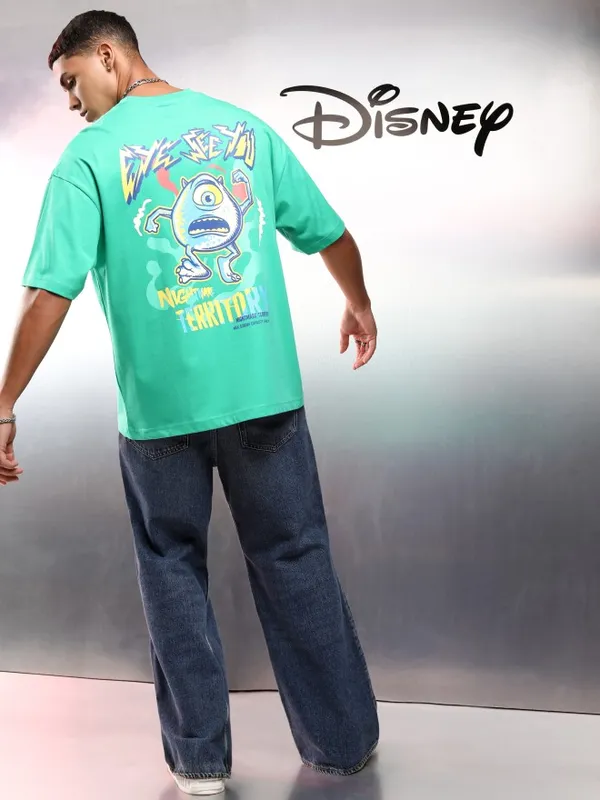 Disney By Highlander Men Green Monster Inc. Printed Round Neck Oversized Fit T-Shirt