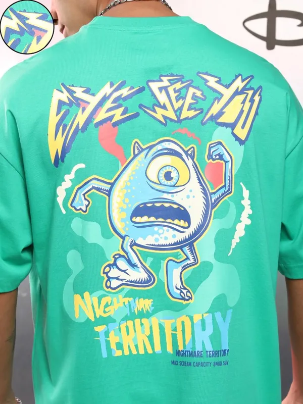 Disney By Highlander Men Green Monster Inc. Printed Round Neck Oversized Fit T-Shirt