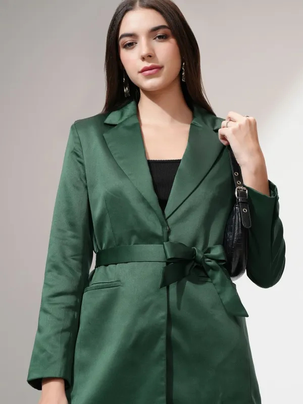 Tokyo Talkies Women Green Double-Breasted Blazer