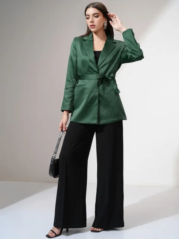 Tokyo Talkies Women Green Double-Breasted Blazer