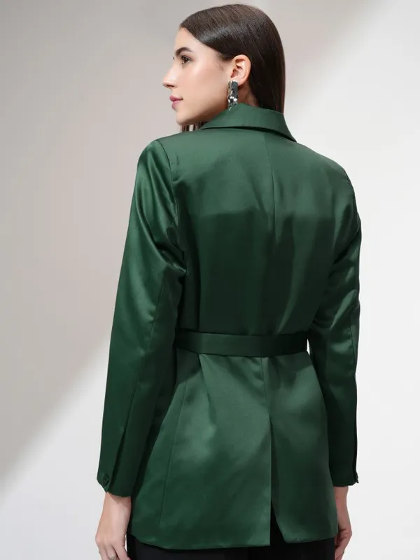 Tokyo Talkies Women Green Double-Breasted Blazer